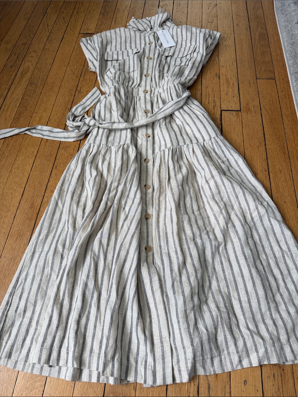 NWT Zoe and Claire Button-Front Maxi Dress with Waist Tie - Neutral Stripe XS